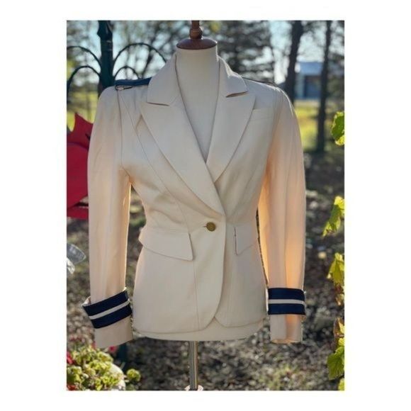 1980s Thierry Mugler Military Blazer Cream Navy Gold Notch Collar Designer S/M